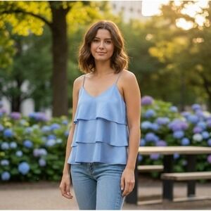 Jackie Rogers Women's 100% Silk Tiered Ruffle Cami Top Size 4 Blue USA Summer